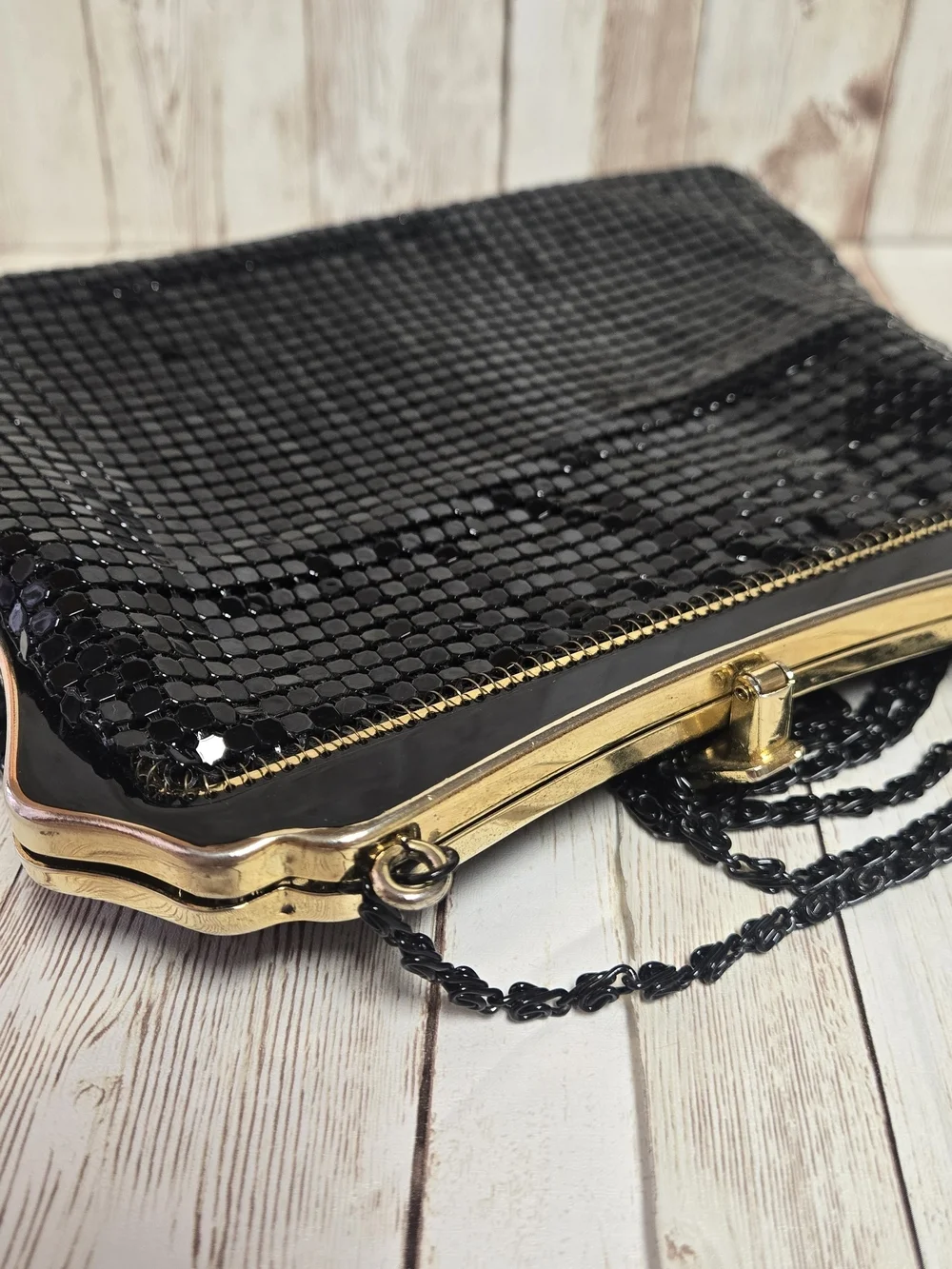 Vintage Black Metal Mesh Evening Bag Gold Tone Frame Chain Strap Purse